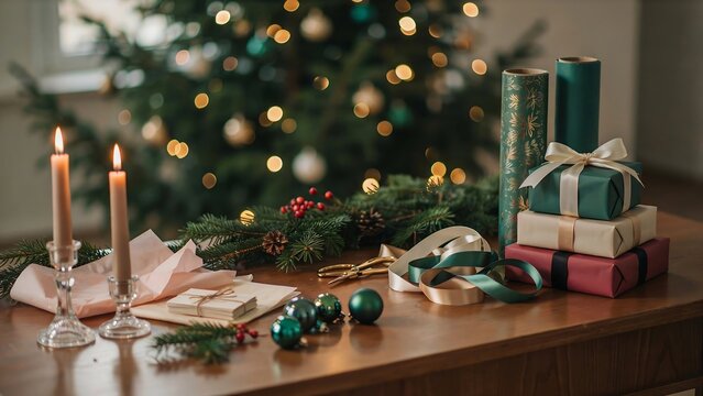 Festive christmas holiday gift wrapping scene on wooden table with lit candles and decorated tree in background
