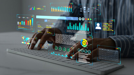 Fototapeta premium Management data System KPI connected in database for follow earnings,operations and sales data. Businessman using KPI dashboard.Financial business data analytics graph dashboard. 