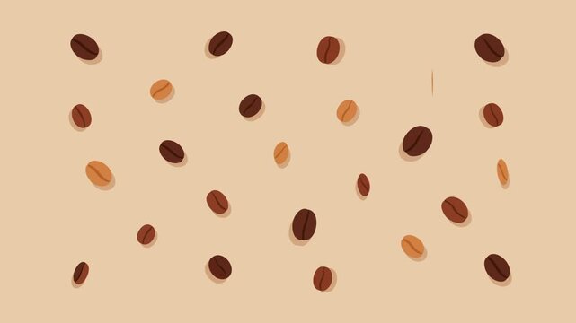 Coffee beans stay arranged on a warm beige background while each bean flips in a smooth traveling sequence, creating a playful loop ideal for cafe branding, menus, food promos, and beverage visuals.