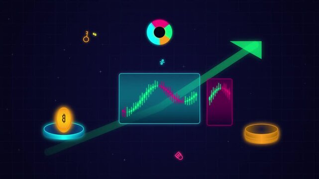 Neon financial trading charts with green arrow and bitcoin coin on dark background.