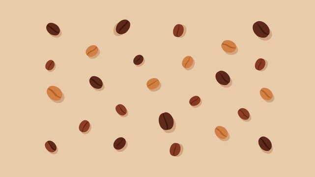 Coffee beans gently rise, tilt, and settle across a warm beige pattern in a calm looping motion, ideal for cafe branding, menus, food promos, and beverage background visuals.