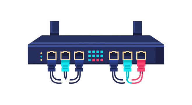 Flat Vector Illustration of a Network Router Switch with Ethernet Cables and Indicator Lights for Internet Connectivity