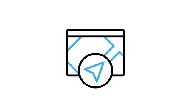 Animated global positioning system technology icon. Digital map pin location, direction geolocation, arrow destination, navigation and route for travel, place, journey and trip animation video