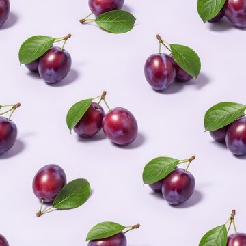 An elegant seamless pattern featuring ripe purple plums with green leaves and stems arranged artistically over a soft lavender background, harvest, design, food