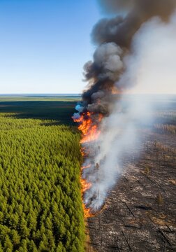 An expansive aerial perspective captures a lush green forest transitioning into a devastating wildfire with thick smoke and charred remains, aerial, destruction, burn