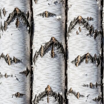 Authentic seamless pattern of white birch bark with intricate peeling layers and dark knots, perfect for a natural wood forest aesthetic, background, arboreal, tree