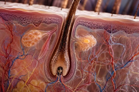 Detailed 3D medical illustration of a human hair follicle cross-section showing epidermis, dermis layer, sebaceous gland, arrector pili muscle, blood vessels, and roots. Ideal for dermatology,