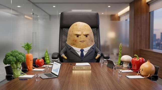 Funny potato boss leading a meeting with vegetable characters in a modern office