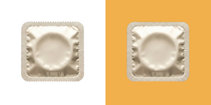 Square condom foil wrapper on colored background
