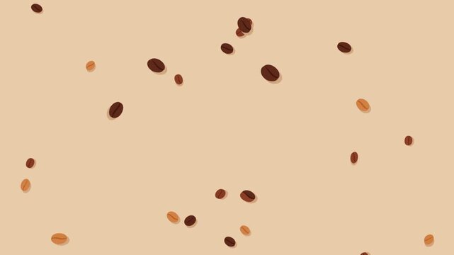 Small coffee beans descend in soft spiral paths over a warm beige background, creating a lively looping animation ideal for cafe promos, menu visuals, food presentations, and beverage backdrops.