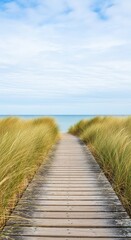 Fototapeta premium Serene coastal scene featuring a weathered wood boardwalk leading through tall sea grass to a light blue sea and soft white clouds above, dunes, nautical, vista