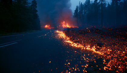 Naklejka premium Volcanic eruption at night near dark asphalt road. Hot lava flows, bright fire sparks cover highway surface. Dangerous natural disaster destroys pavement. Glowing magma smoke rises above forest