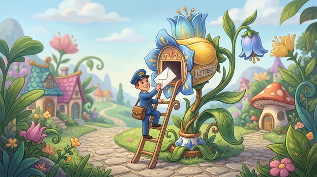 Tiny mail carrier delivering a letter to a giant flower mailbox in a magical garden.