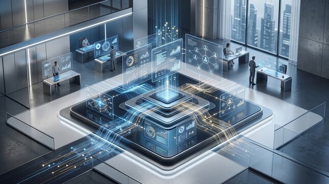 Corporate professionals analyzing holographic data visualization in modern high tech office space