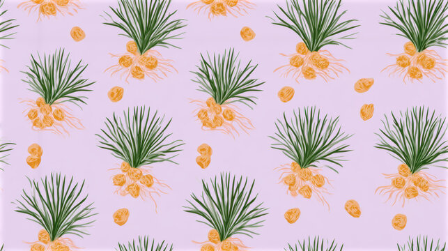 Seamless botanical pattern with green chufa plants, golden tiger nuts and roots on a soft lavender background