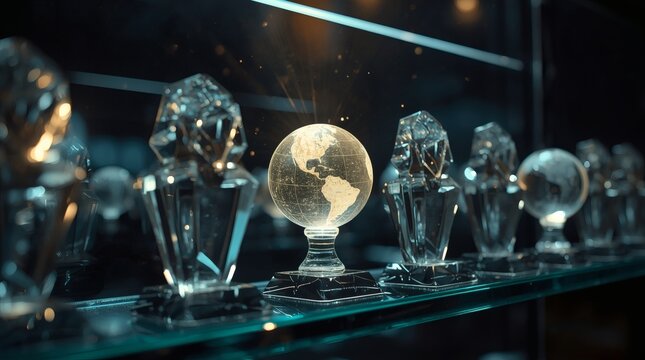 Crystal globe award illuminated among other trophies on a shelf