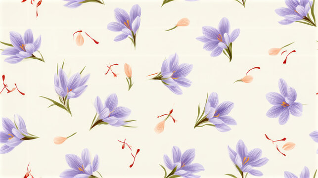 Delicate seamless saffron crocus pattern with miniature lavender purple flowers, green foliage and scattered red saffron threads on a warm ivory background