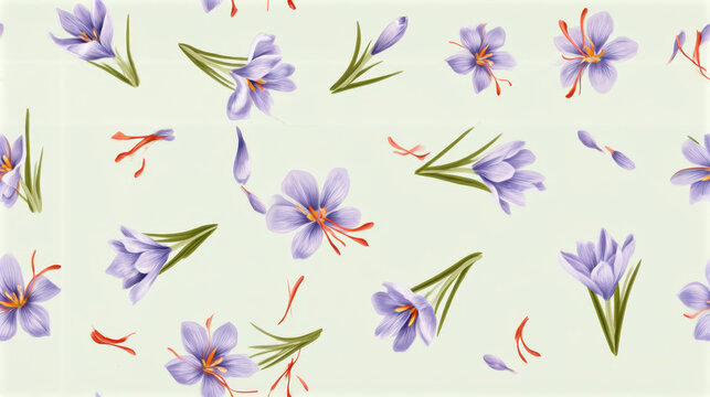 Tiny ditsy seamless pattern featuring delicate violet saffron crocus flowers, slender green leaves and scattered red stigmas on a pale mint cream background