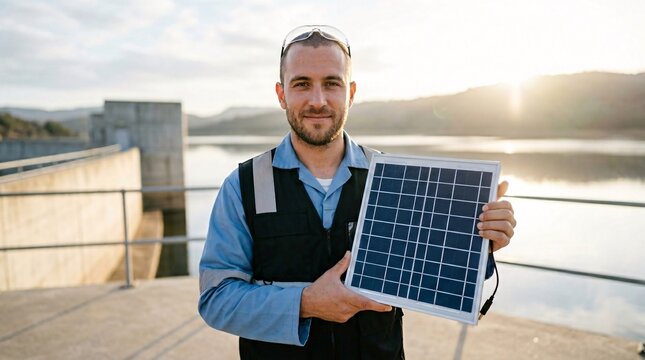 A male renewable energy technician holding a small blue photovoltaic solar panel while standing in front of a hydroelectric dam structure at sunset.