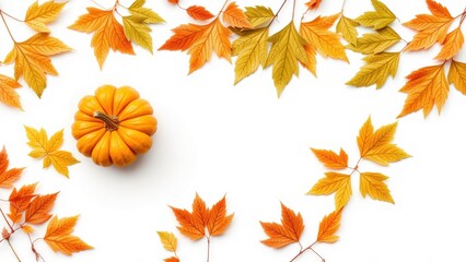 Fototapeta premium Autumn composition. Orange pumpkin surrounded by colorful maple leaves. White background creates seasonal festive mood. Simple, elegant design.