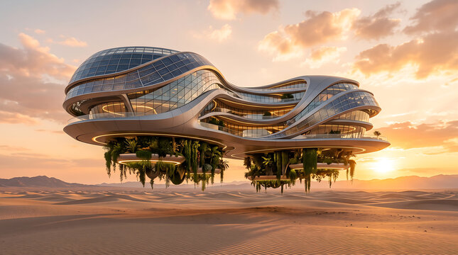Futuristic Organic Bio-Dome Building Hovering Over Desert Dunes at Sunset