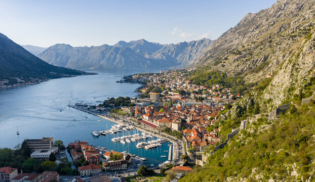 View of Kotor Bay and Old town at sunset, aerial shot