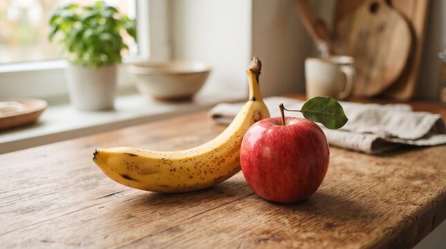 Fresh Apple and Banana on a Rustic Wooden Table