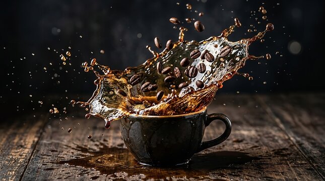 A dark cup of coffee with beans and liquid splashing out in a dynamic motion on a wooden table