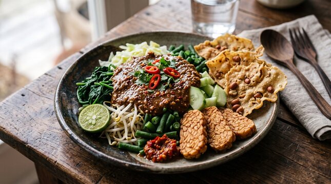 Traditional Indonesian Pecel Madiun with Fresh Vegetables and Peanut Sauce