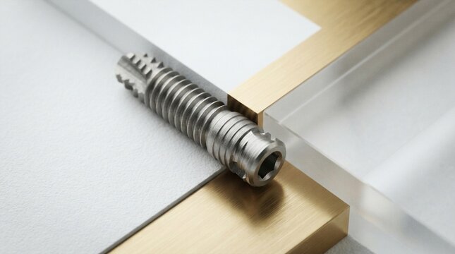 Dental implant screw isolated on modern minimalist geometric background with gold and white elements