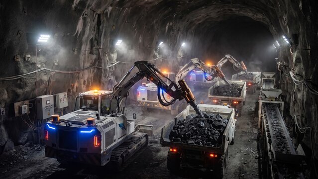 Automated Heavy Machinery Operating Underground Mining Tunnel with Dump Trucks