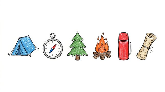 Hand drawn camping equipment icons set on white background