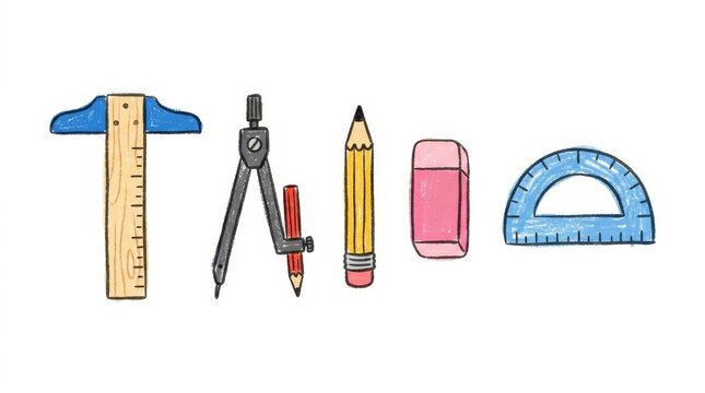 Hand Drawn School and Drafting Supplies Set on White Background