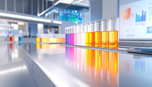Focused test tubes with yellow liquid in lab.
