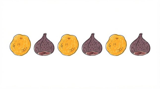 Hand Drawn Row of Purple Figs and Orange Apricots on White