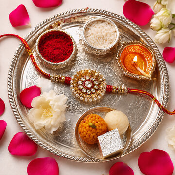 Silver Raksha Bandhan thali featuring rakhi