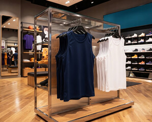 Naklejka premium Sportswear display in a retail store with blue and white tank tops hanging on racks