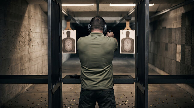 Shooter standing inside an indoor firing range aiming at paper targets at the end of the concrete shooting lane with shooting training practice concrete earmuffs