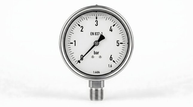 Industrial pressure gauge dial showing measurement in bar for engineering.