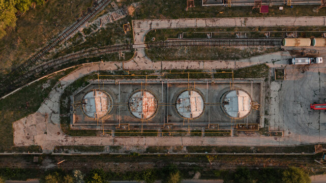 Four Refinery Storage Tanks Viewed from Above