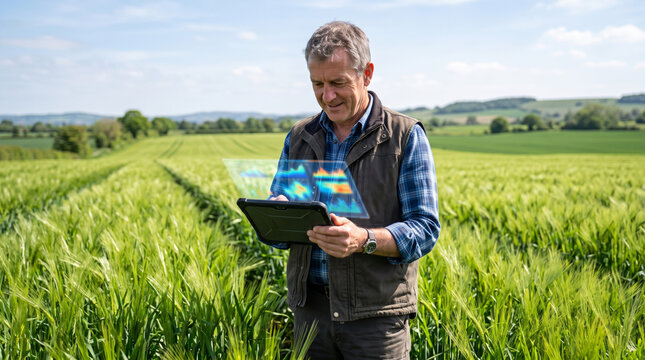 Farmer uses tablet with holographic data display in lush green wheat field