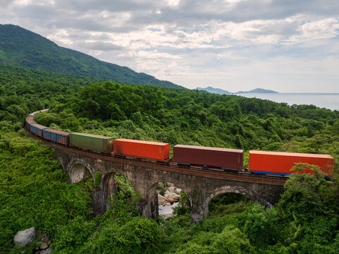 Passenger train passing through Hai Van Pass, Vietnam