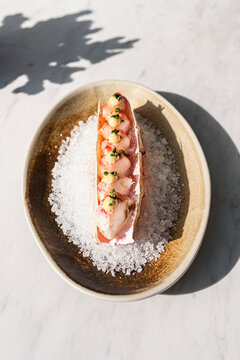 Gourmet lobster  appetizer served on a bed of rock salt