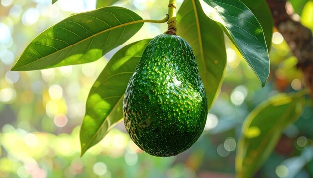 Fresh green avocado fruit hanging on tree branch.