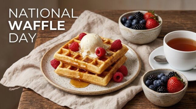 National Waffle Day header design with stack of Belgian waffles and maple syrup