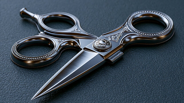 Ornate metal scissors rest on a textured dark blue surface