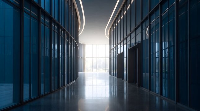 Modern corporate office building interior corridor with glass walls and bright sunlight streaming through large at the end of the hallway corridor building