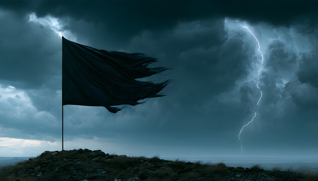 Tattered black flag flies on desolate hill during lightning storm. Dark clouds, dramatic sky, electrical bolt flash. Stormy weather, nature power evident
