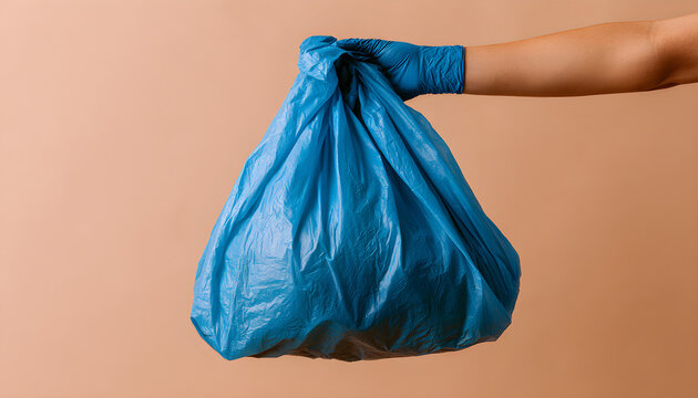 Hand wearing blue nitrile glove holds plastic bag filled with household waste against beige background. Person carries full sack of garbage for disposal. Concept of recycling sustainability