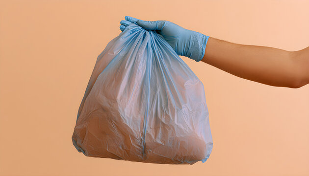 Hand wearing blue nitrile glove holds plastic bag filled with household waste against beige background. Person carries full sack of garbage for disposal. Concept of recycling sustainability